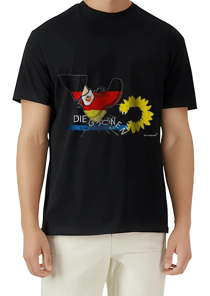 ein schwarzes T-Shirt, mit einem farbigen Logo Aufdruck. Das Logo zeigt einen Schuh in Farben der deutschen Landesflagge, welcher auf einen Schriftzug (die Grünen) tritt. Rechts daneben sieht man eine Sonnenblume mit scharfen Zähnen.